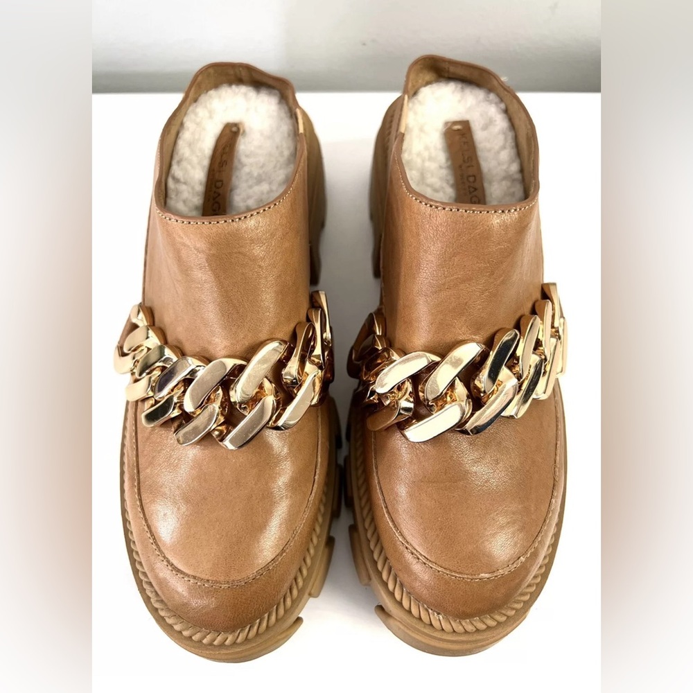 Kelsi Dagger Tan Chain-Trim Platform Mule clog